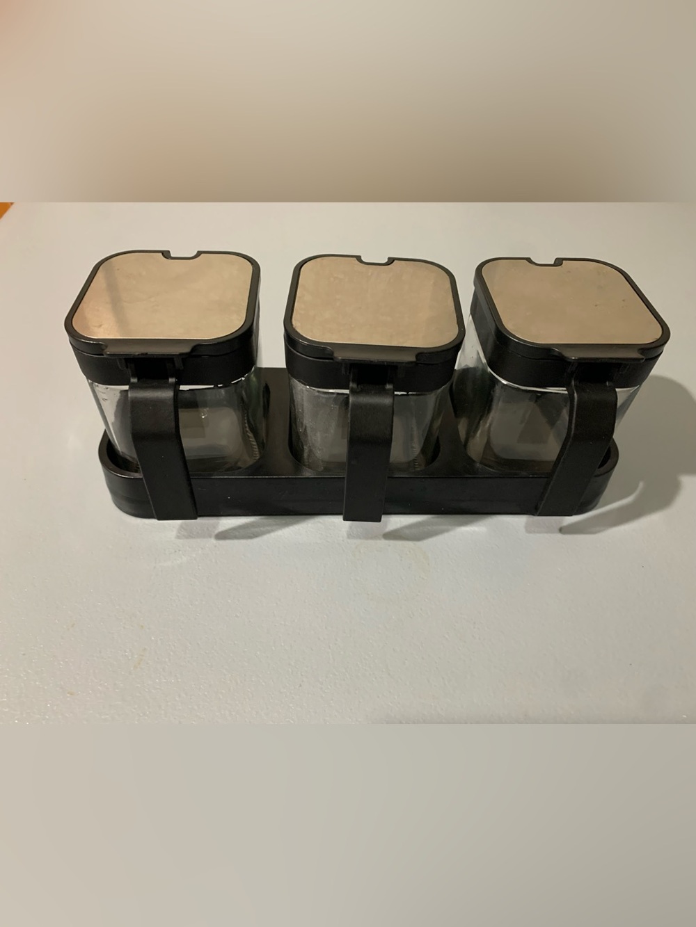 Triple Glass Spice Jar Set with Black Frame and Silver Lids